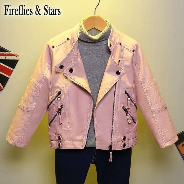 

spring autumn girls pu jacket baby coat children outwear kids streetwear clothes turn down collar medal snap zipper 2 to 14 yrs, Blue;gray
