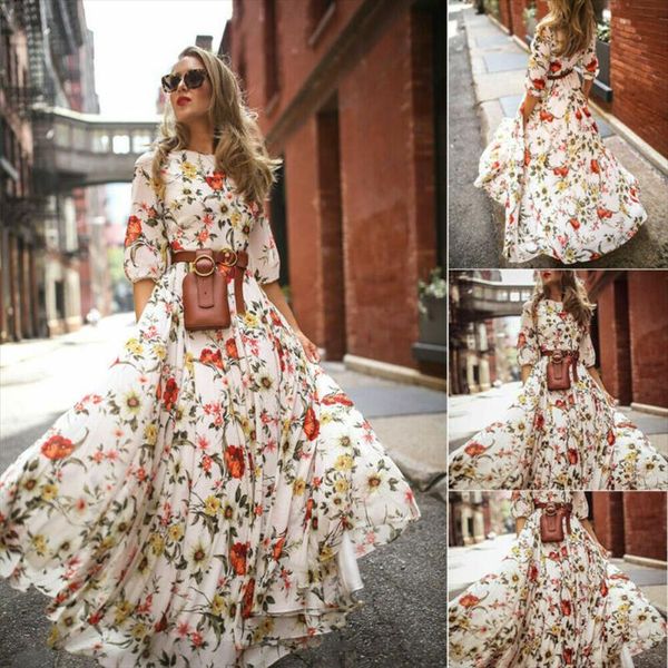 

new 2021 women autumn casual boho flower long dress long sleeve evening party high waist dresses, Black;gray
