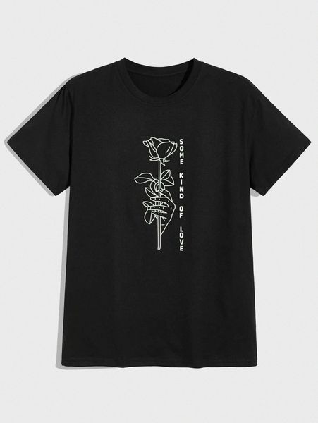 

men rose & slogan graphic tee f38a#, White;black