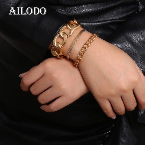 

ailodo 3 pcs/set punk cuban link snake chian bracelets set for women gold color bracelets fashion jewelry birthday gifts 20oct11, Golden;silver