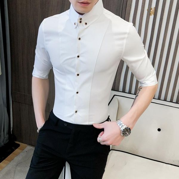 

summer men shirt half sleeve fashion streetwear 2021 slim fit mens casual shirts night club prom tuxedo shirt dress, White;black