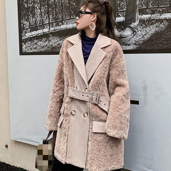 

women's wool & blends winter lambswool coat women turn down collar blend female warm thick long woolen teddy jacket outerwear p2211, Black