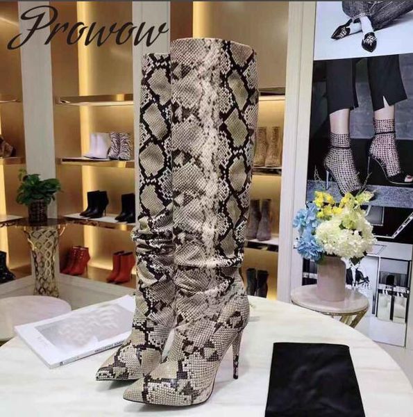 

prowow new winter snakeskin genuine leather pointed toe thin high knee high boots slip on fashion moto boots shoes women, Black