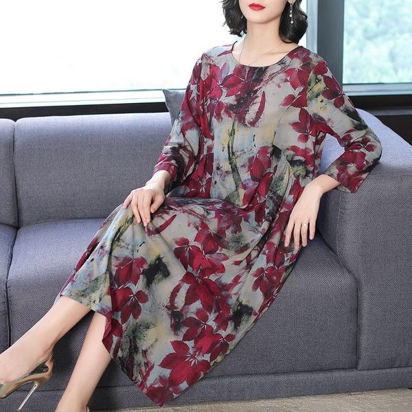 

spring fall vintage women loose high waisted printed floral pattern linen dress , autumn female woman casual 3xl pleated dresses1, Black;gray
