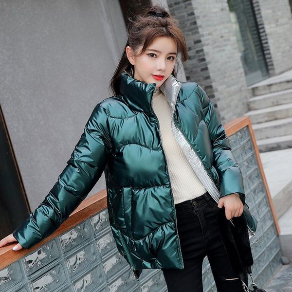 

2020 new winter jacket women fashion warm short stand collar hooded glossy parka coat female office lady, Black