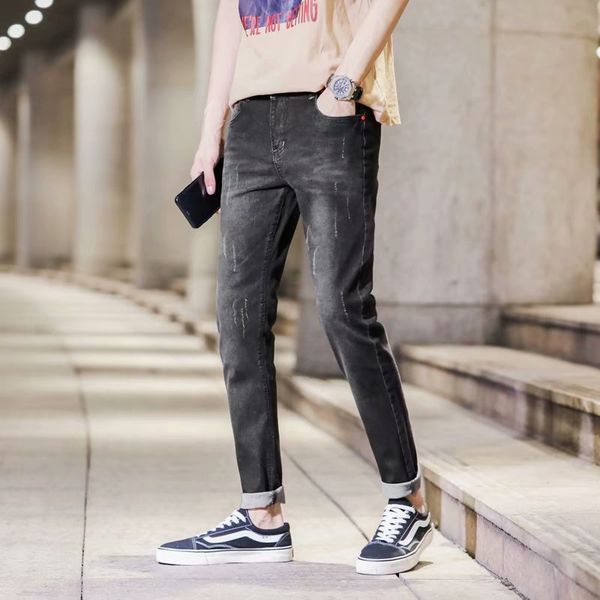 

2019 men's ny new fashion men streetwear cuffs loose fit pencil ankle length ripped jeans plus size, Blue