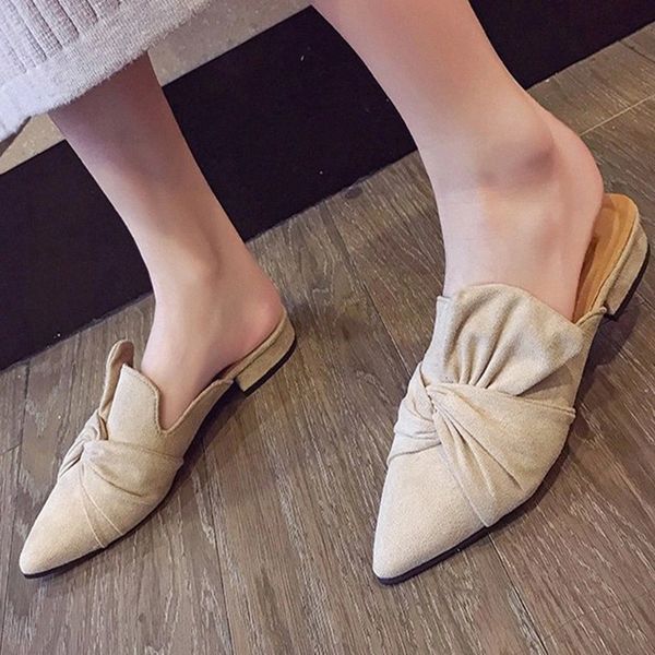 

women slippers 2020 flock mules woman bow pointed toe women's elegant ladies shoes female fashion low heel outside footwear #wt3u, Black