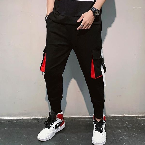 

men ribbons color block black pocket cargo pants harem joggers harajuku sweatpant hip hop male trousers streetwear1