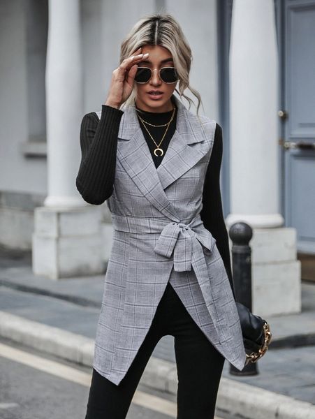 

glen plaid belted vest blazer v0mn#, White;black