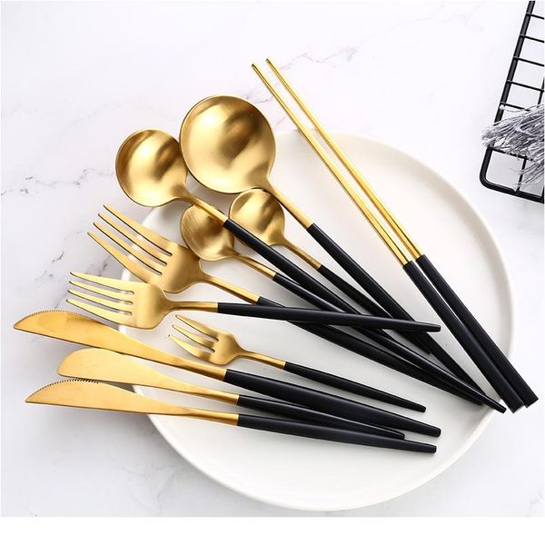 

black gold cutlery set steak knife fork coffee spoon teaspoon dessert knife ice spoon chopsticks stainless steel dinner jlloin