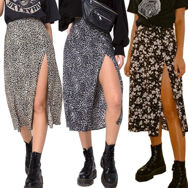 

leopard skirt ladies chiffon split skirt casual zipper long skirts for women spring summer elegant female costume, Black