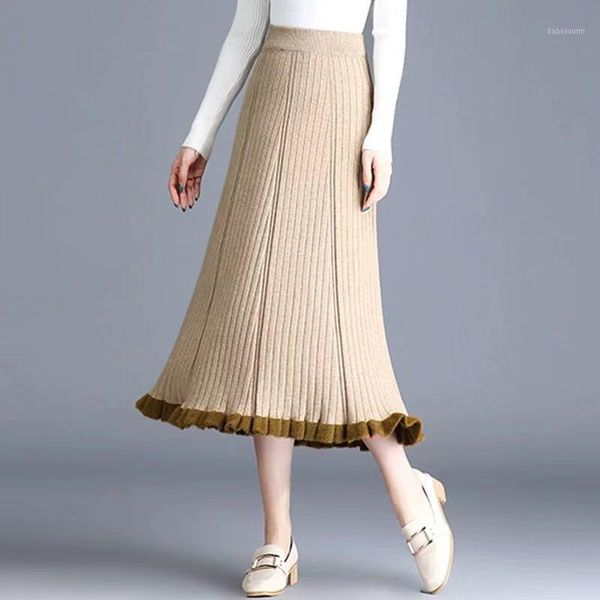 

plus size vintage pleated skirt women knit high waist a line soft casual elegant black skirt streetwear spring fashion midi saia1
