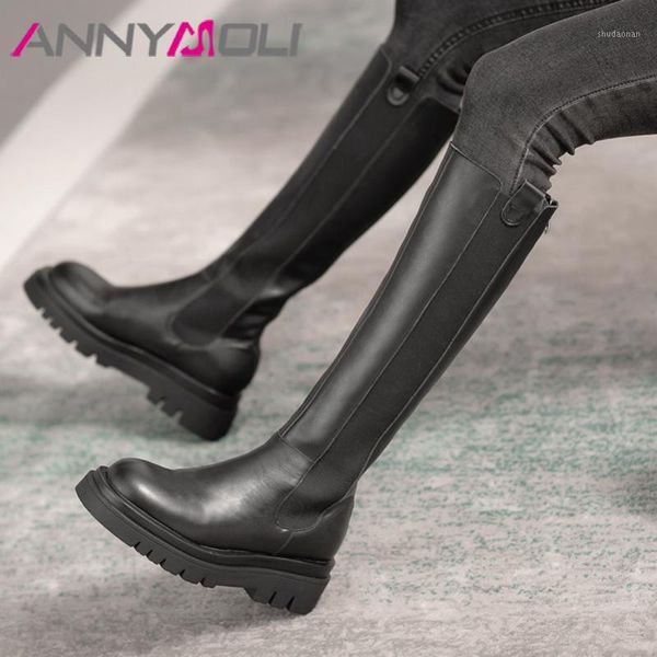 

boots annymoli real leather knee high heel woman platform chunky long zip ladies shoes autumn winter black1, Black