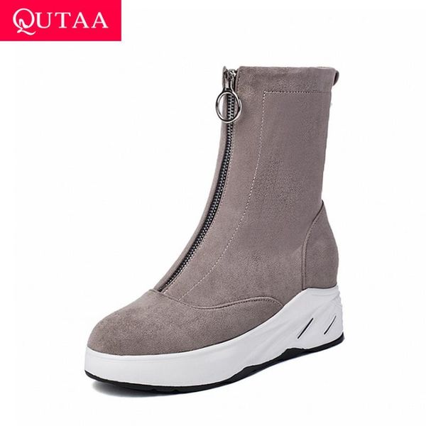 

qutaa 2021 wedge heel round toe ankle boots flock platform zipper women shoes autumn winter keep warm ladies boots size 34-39, Black