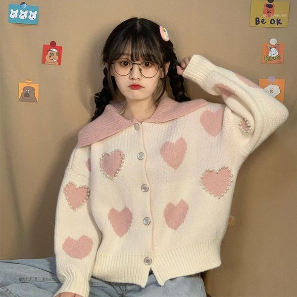 

women's knits & tees japanese sweet style knitted sweaters 2021 autumn winter women's clothing fashion turn-down collar long sleev, White