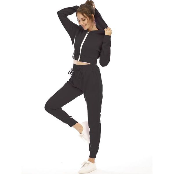 

women solid color clothes outfit, long sleeve hooded zipper front open + high waist long pants running outdoors sportswear, White;black
