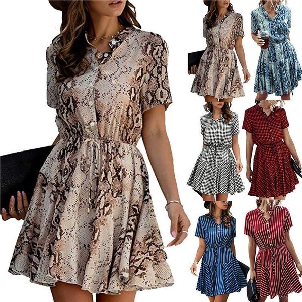 

women dress spring summer plaid snake print striped short sleeve v-neck dress ladies casual empire party mini dresses, Black;gray