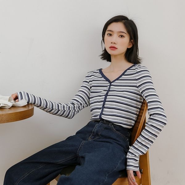 

mltgv new coat t-shirt women's autumn t-shirt 2020 stripe slim v-neck women's long sleeve knitted cardigan women y3tvw, White