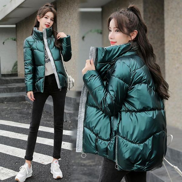 

2021 new winter parkas women jacket warm glossy down cotton jacket stand-callor female casual cotton padded parka outwear p1033, Black