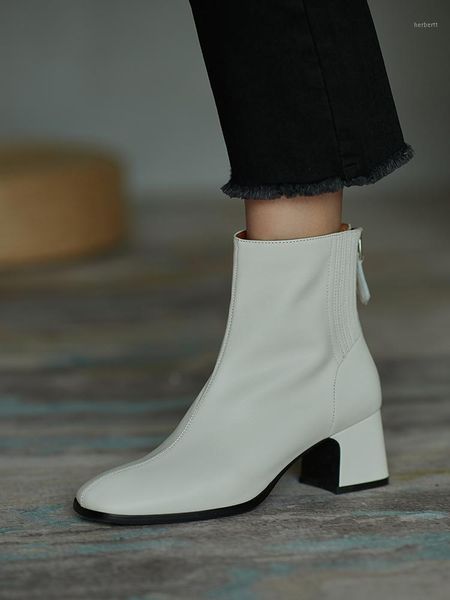 

boots handmade white leather women ankle square toe autumn sock booties black 6cm chunky high heels botas winter botines femmes1