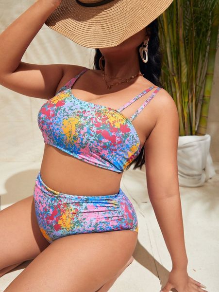 

plus allover print high waisted bikini swimsuit t4yg#, Black