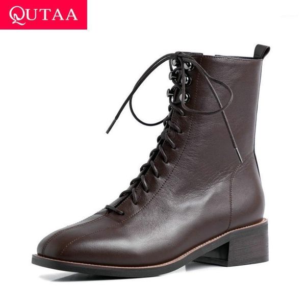 

qutaa 2021 cow leather quality women shoes autumn winter square med heel ankle boots lace up zipper ladies pumps size 34-391, Black