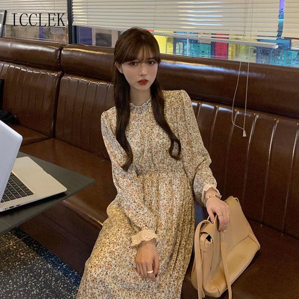 

elegant sweet long-sleeved a-line french dresses 2021 spring autumn women's clothing new one-piece korean stitching floral dress, Black;gray