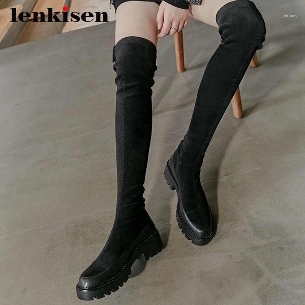 

boots lenkisen riding natural leather british high street fashion thick med heel round toe zipper mature over the knee l051, Black