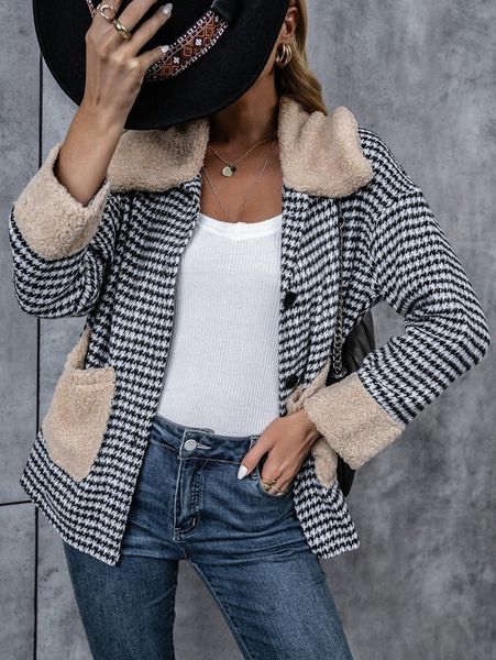 

houndstooth print dual pocket drop shoulder coat 69gg#, Black