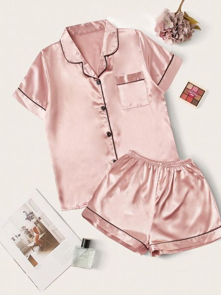 

plus satin contrast binding lapel neck pj set c0jm#, Black;white