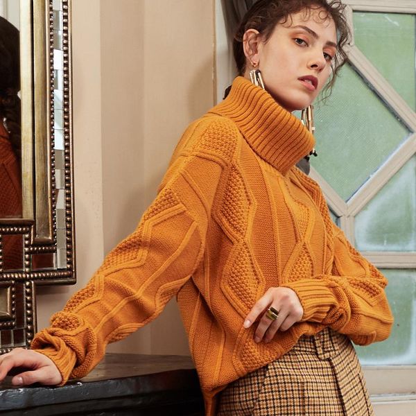 

retro twisted knitted sweaters women casual turtleneck sweater loose long sleeve cashmere sweater female solid color oversize, White;black