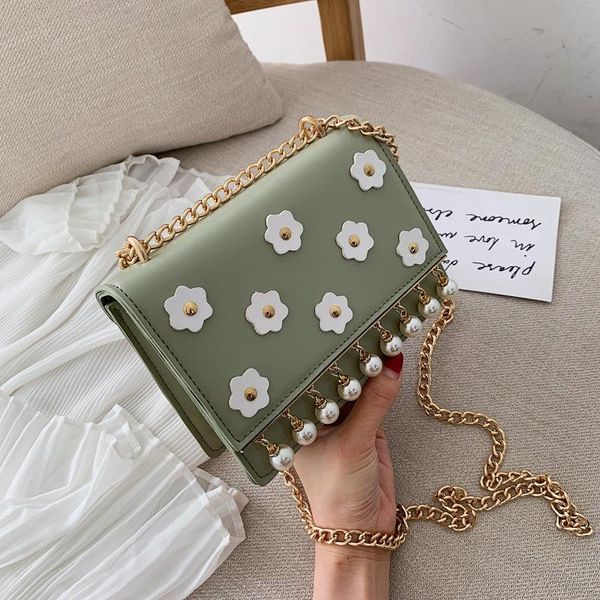

2020 summer new sweet cute flowers women shoulder messenger bag small square pearl handbag chain brand designer crossbody bag