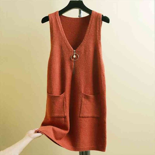 

sleeveless sweater vest women long knitted autumn vintage basic pockets zipper v neck knitwear female pullovers underwaist, White;black