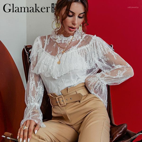 

women's blouses & shirts glamaker mesh transparent white shirt elegant ruffles long sleeve blouse lace ladies chic autumn 20211