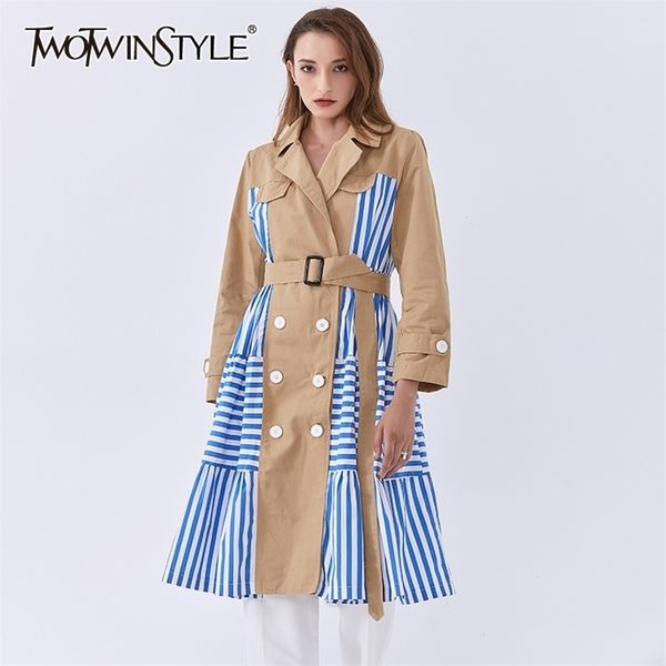 

twotwinstyle patchwork stripe ruffle for female windbreaker lapel collar with belt high wasit slimming woemn's windbreaker coat 201031, Tan;black