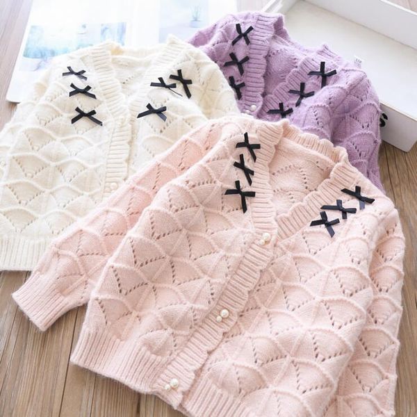 

autumn girls hollow lace bow cardigan baby girls pure color sweater children kids clothing wholesale, Blue