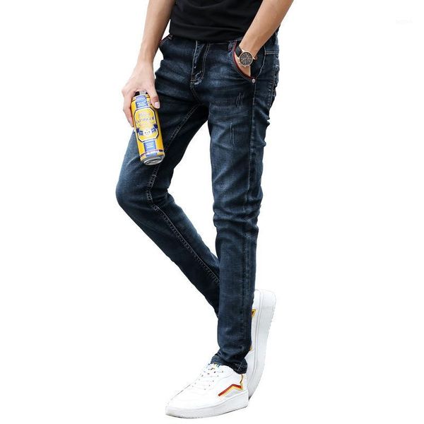 

classical men jeans spring autumn blue mens straight pants quality casual slim fit stretchy washed scratched denim trousers male1