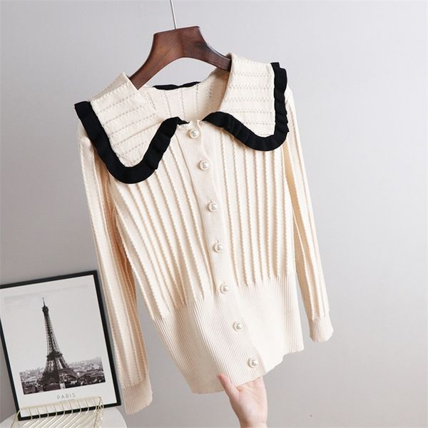 

autumn women outside sweater big lapel single-breasted cardigan sweater ladies casual urban regular bottons knitwear 201223, White;black
