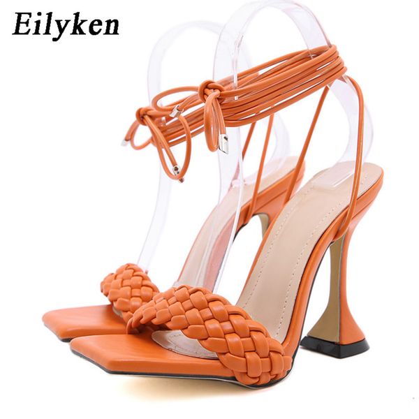 

eilyken women sandals hollow cross-tied weave shoes fashion cozy leather peep toe ankle strap ladies strange heels pumps c0202, Black