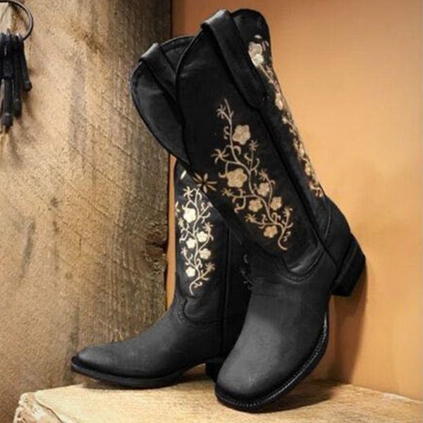 

womens embroidery mid-calf boots 2020 woman warm female winter fashion ladies casual shoes plus size femmes bottes mujeres boats, Black