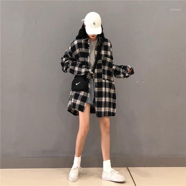 

women's hoodies & sweatshirts 2021 spring retro plaid long shirt hong kong style easy matching coat collar sleeve pocket for women1, Black