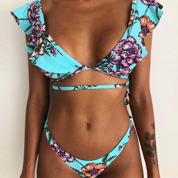 

new swimwear women bandage ruffles brazilian bikini set push up swimsuit summer floral print thong bathing suit biquini1, White;black