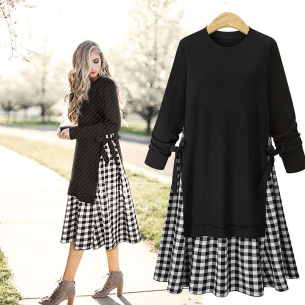 

women's plaid spring patchwork 2020 new long sleeve drs, Black;gray