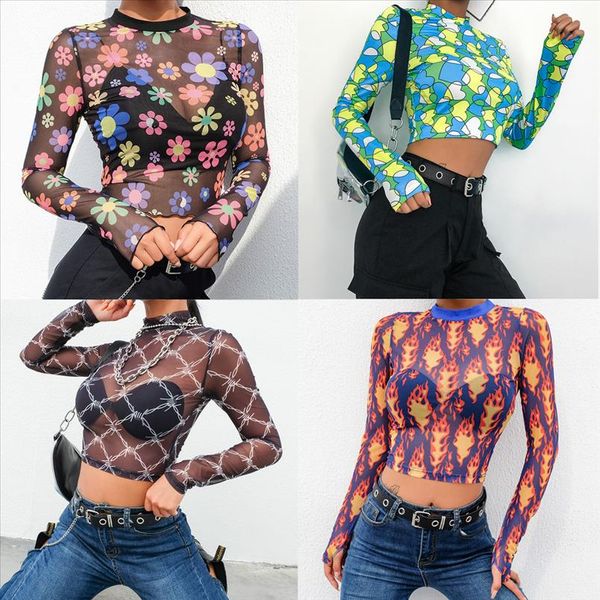 

2021 newly summer mesh sheer crop women casual shirts short sleeve see through tee transparent women shirts, White