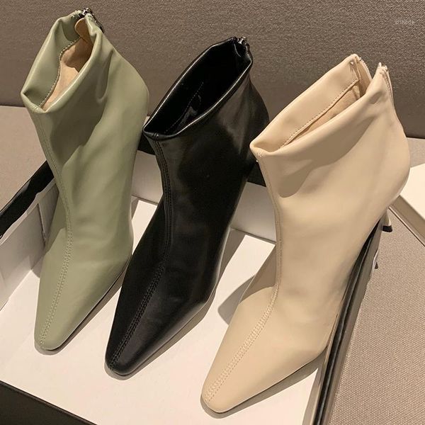 

2020 winter fashion women zippers apricot ankle boots thin high heels boots pointed toe green short lady valentine shoes1, Black