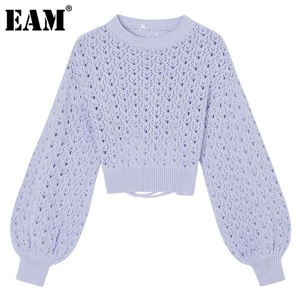 

[eam] purple hollow out knitting sweater loose fit round neck long sleeve women pullovers new fashion autumn winter 2020 lj201113, White;black