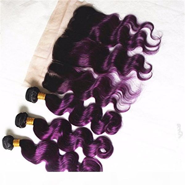 

dark root 1b purple ombre 13x4 full lace frontal closure with weaves body wave peruvian purple ombre human hair 3bundles with frontal, Black;brown