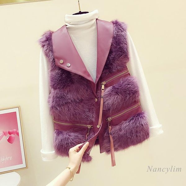 

imitation fur fur vest women 2020 autumn and winter new korean style short stitching pu leather slim fit waistcoat femme, Black