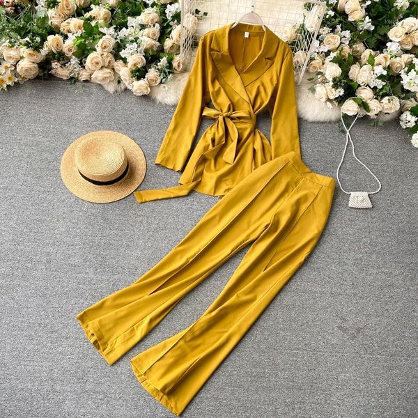 

office lady spring 2 piece set women suit blazer suit lady wide leg pants solid two pieces set b2661, White