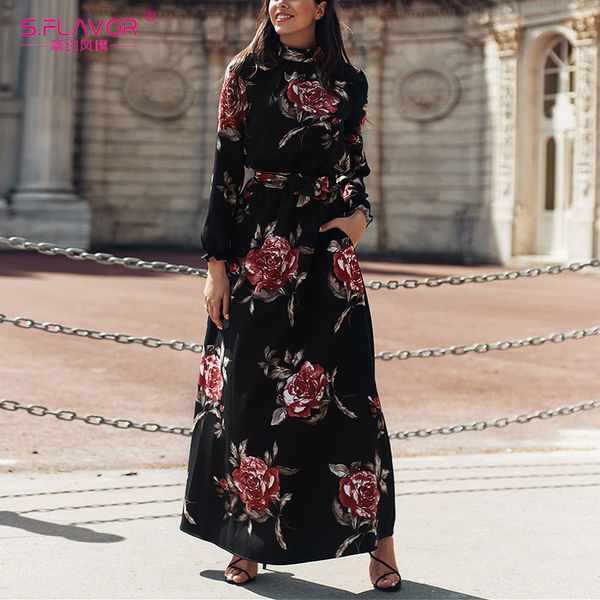 

s.flavor women long dress bohemian floral print maxi dress long sleeve boho turtleneck elegant party autumn winter vestidos 201126, Black;gray